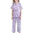 thumbnail image 3 of Girls 3pc Pajama Set Button-Down Pjs Short Sleeve Long Pants with Shorts Cute Patterns Valentine's Day Pajama Outfit with Pockets Loung Sets Silk Nightwear 3 Piece Sleepwear, 3 of 5