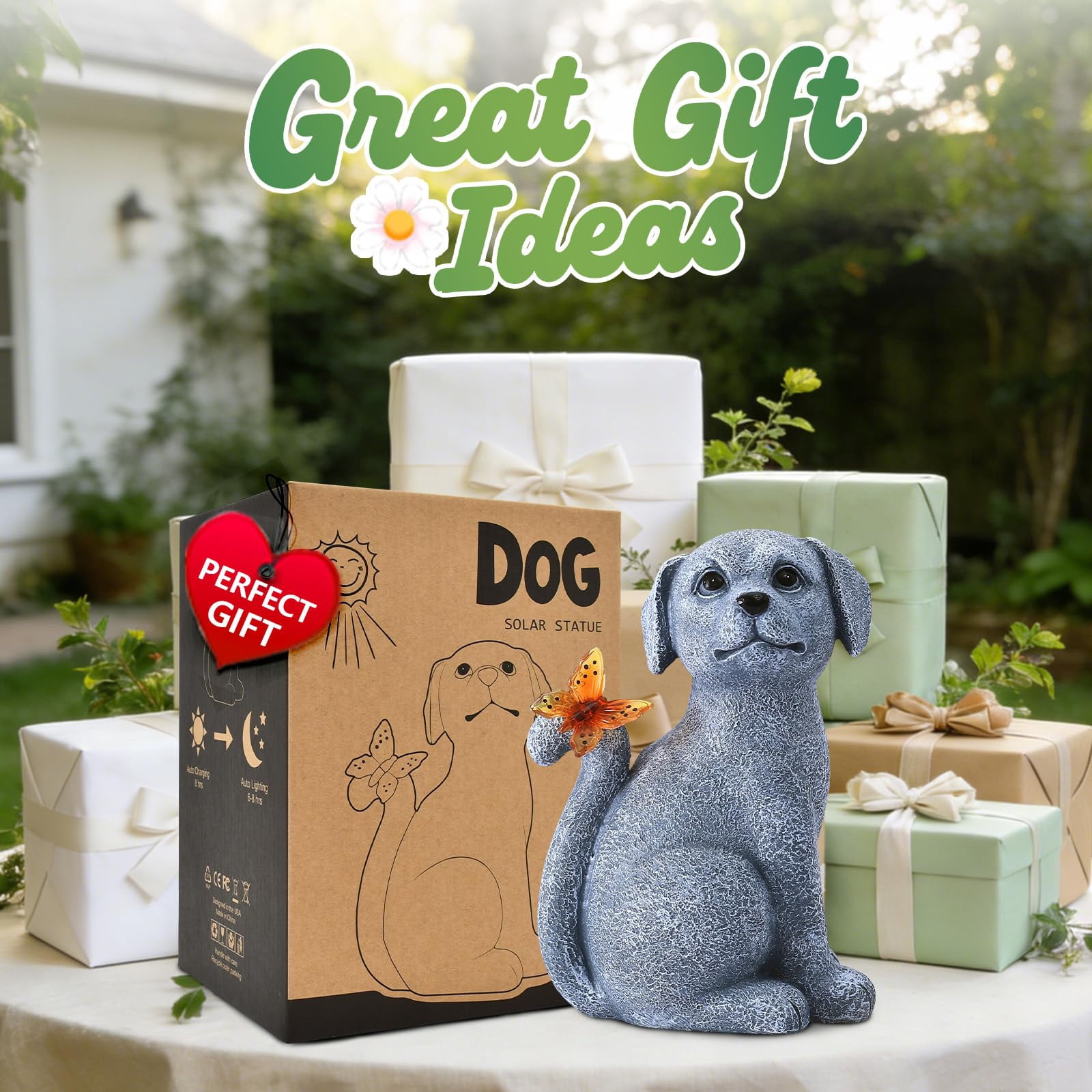 Solar Dog Outdoor Statues For Garden: Outside Decor With Butterfly Clearance Yard Art Lawn Ornaments Patio Balcony Home House Mom Grandma Women