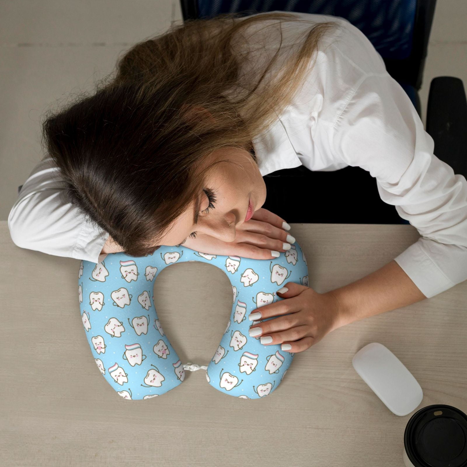 Xecao Cute Teeth Print Memory Foam Cervical Neck Pillow Versatile U-Shaped Pillows for Home,Office,Camping,Travelling,Soft Washable Cover
