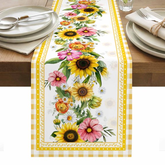 Sunflower Table Runner - 72 Inch Long, Kitchen Dining Table Runner Dresser Scarves, Pink Yellow Floral Elegant Pastoral Checkered Farmhouse Decor for Coffee Tables Wedding Party Banquet