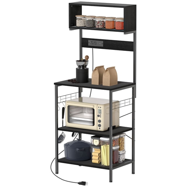 Black Baker's Rack with Power Outlet & USB Ports - Kitchen Microwave Shelf with Hooks - 60.2" Tall Storage Unit for Living Room, Dining Area