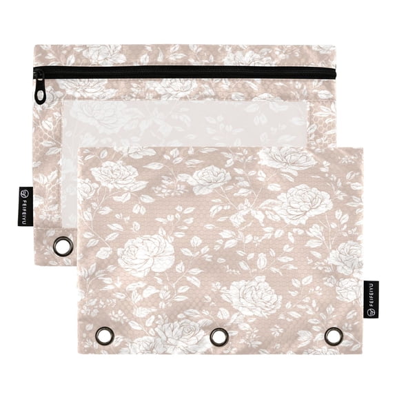 2 Pack 3 Ring Binder Pouch with Clear PVC Window Water Resistant Zipper Pencil Pouch Beige Background Rose Print Binder Pocket for Classroom Office Home Stationery Organization