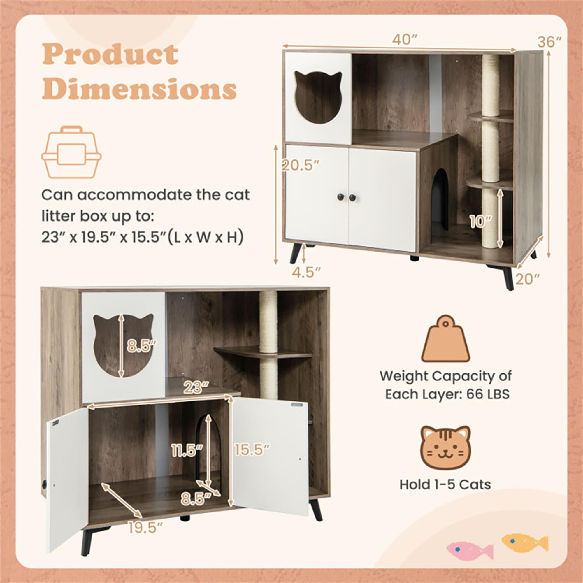 Kadyn 40" Cat Litter Box Enclosure Hidden with 3 Sisal Scratching Posts for Indoor Cats, All-in-One Wood Cat House Condo Furniture, Brown