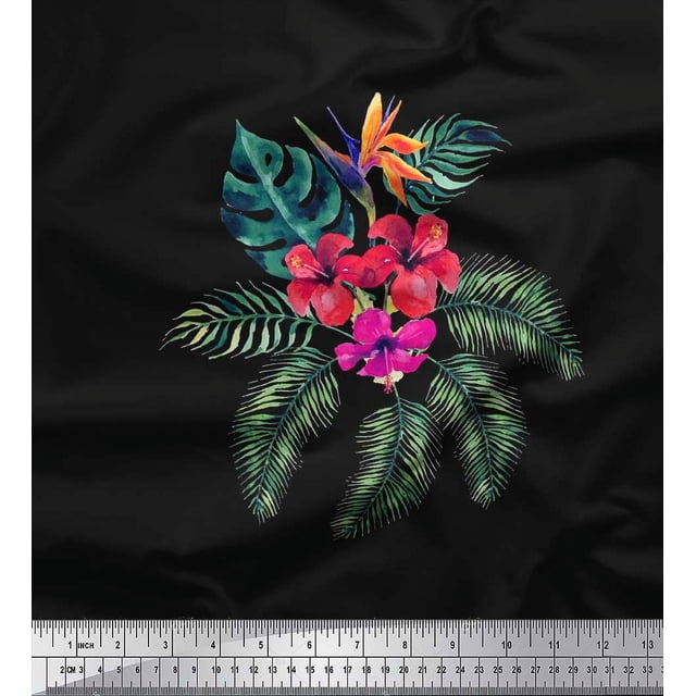 Soimoi Modal Satin Fabric Floral & Leaves Tropical Print Fabric by Yard 42 Inch Wide