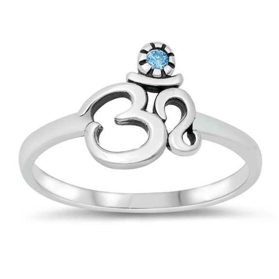 Elegant Ohm Meditate Ring Om Blue Simulated Topaz .925 Sterling Silver Band CZ Female Size 9