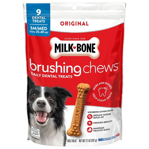 Milk Bone Brushing Chews Original Chicken Flavor Daily Dental Dog Treats, Small/Medium, 7.1 oz Bag