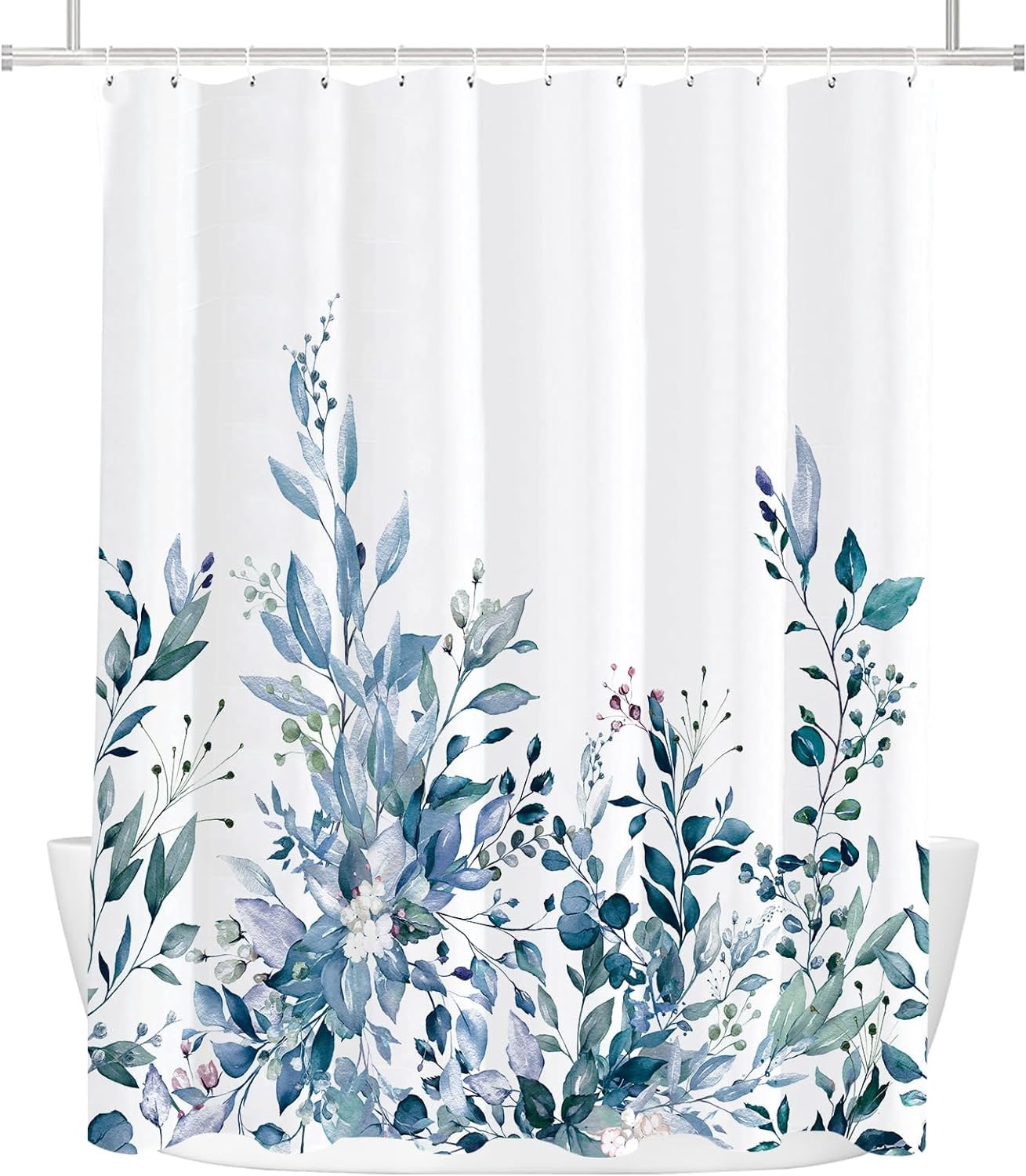 Blue Eucalyptus Leaves Shower Curtain, Watercolor Leaves Plant with Floral Bathroom Decoration Shower Curtain Sets 71x71 Inch with Hooks