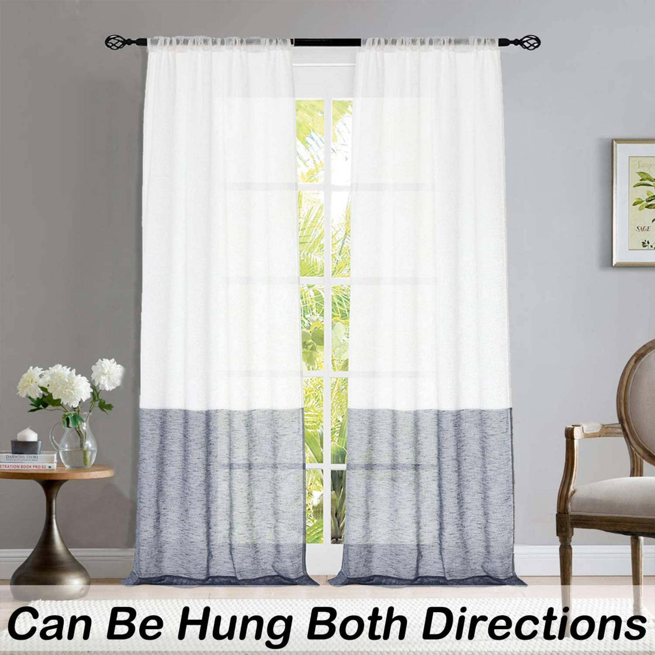 Uptown Home Navy White Color Block Linen Window Curtain Panels Provide Privacy for Living Room Farmhouse Window Drapes with Rod Pocket Design, 50"x63"x2