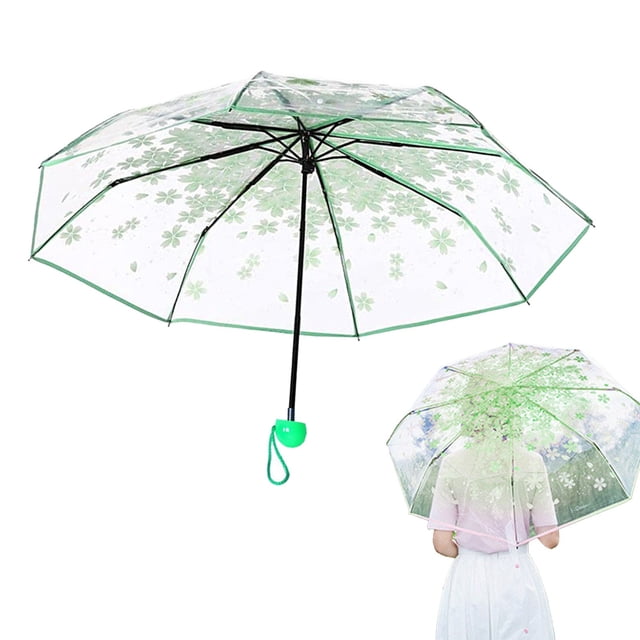 Durable Transparent Umbrella, High Appearance Internet Famous Umbrella, Compact Triple-Fold Mechanism Umbrella, Ideal for Teenagers & Female Personality Student Daily Use (Green)