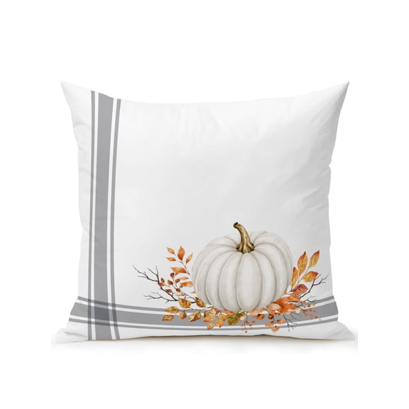 Outdoor Pillows Waterproof, White Pumpkin Fall Bedding Throw Pillows with Insert for Couch Sofa Bed, Thanksgiving Botanical Grey Striped 16x16 Inch Pillowcases Decorative Patio Pillow Set of 1
