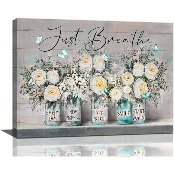 Farmhouse Rose Floral Wall Art Rustic Flower Butterfly Pictures Wall Decor Just Breathe Canvas Prints Painting Artwork Decoration for Bathroom Bedroom Living Room Kitchen Office 16"x12"
