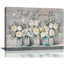 Farmhouse Rose Floral Wall Art Rustic Flower Butterfly Pictures Wall Decor Just Breathe Canvas Prints Painting Artwork Decoration for Bathroom Bedroom Living Room Kitchen Office 16"x12"