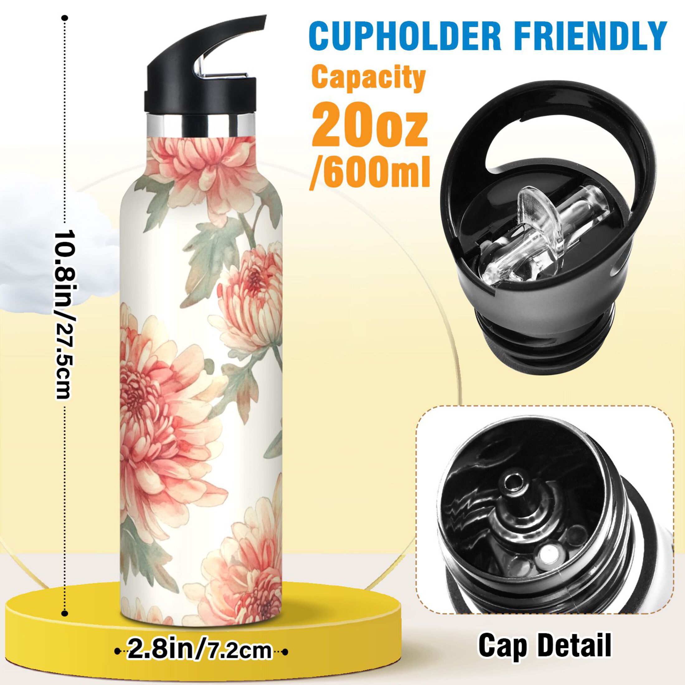600ML Stainless Steel Insulated Cup Sports Water Bottle Portable Thermos Cup Water Glasses Insulated Tumblers Convenient and Durable Chrysanthemum Orange
