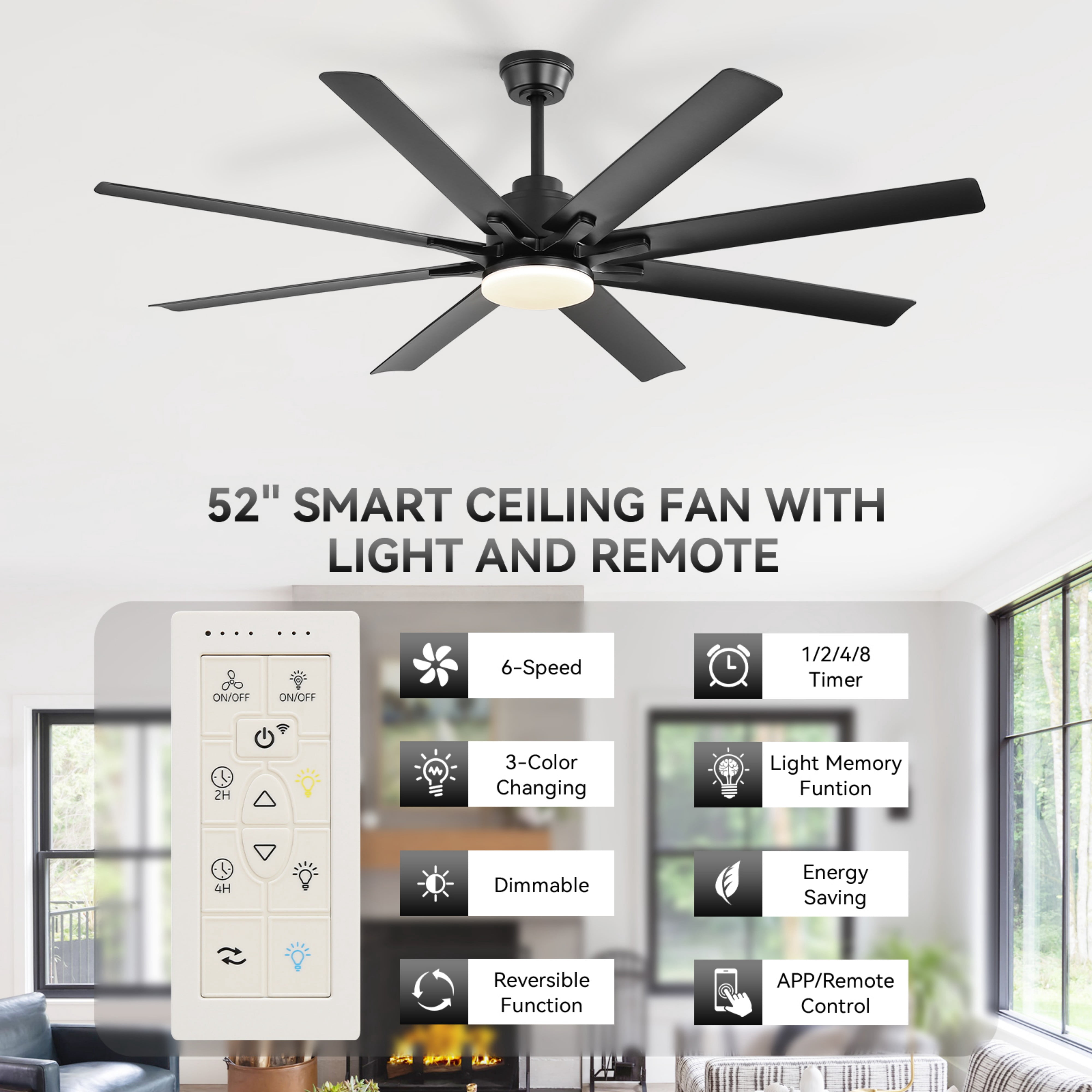 Sofucor 52" Modern Black Ceiling Fan with Light ,Phone APP and Remote,Voice Control