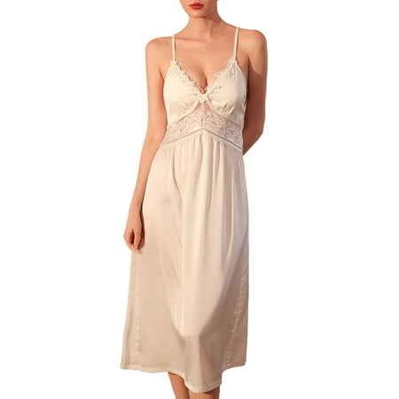 gakvbuo Satin Nightgown For Women Pajama Dress Elegant Long Silk Slip Sleep Dress V Neck Nightwear Sexy Lingerie Lace Chemise Sleepwear Babydoll Lingerie