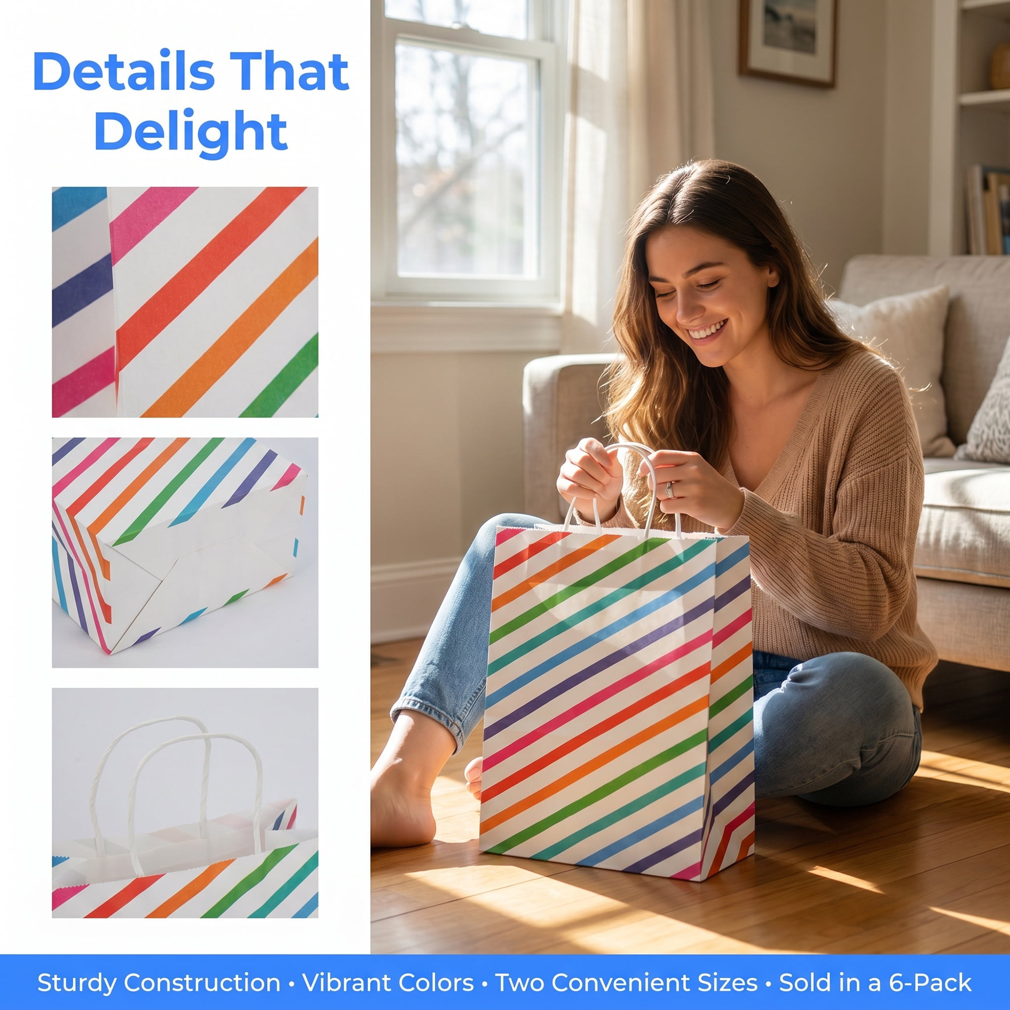 Unique Bargains 6Pcs Aesthetic Gift Bags with Handles Diagonal Stripes 5.9" x 3.1" x 8.3"