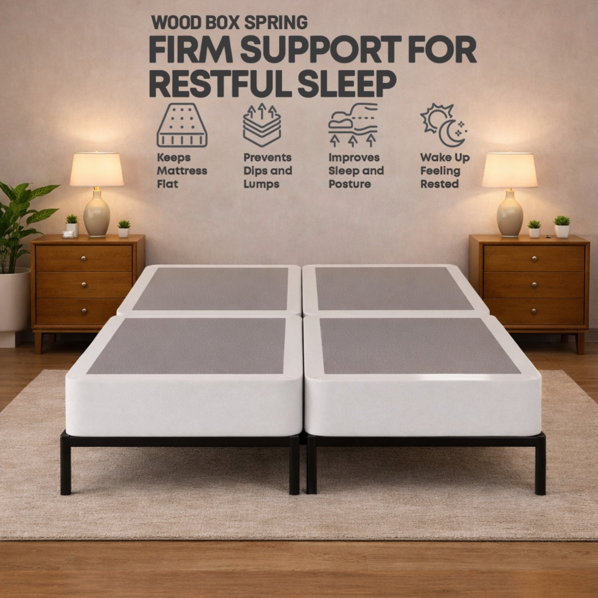 Continental Sleep, Box Spring Bed Base King(Fold) Size, 8-Inch Wood Mattress Foundation, Quiet Noise Free, 4-Pieces Under Mattress Support BoxSpring, Fully Assembled, White