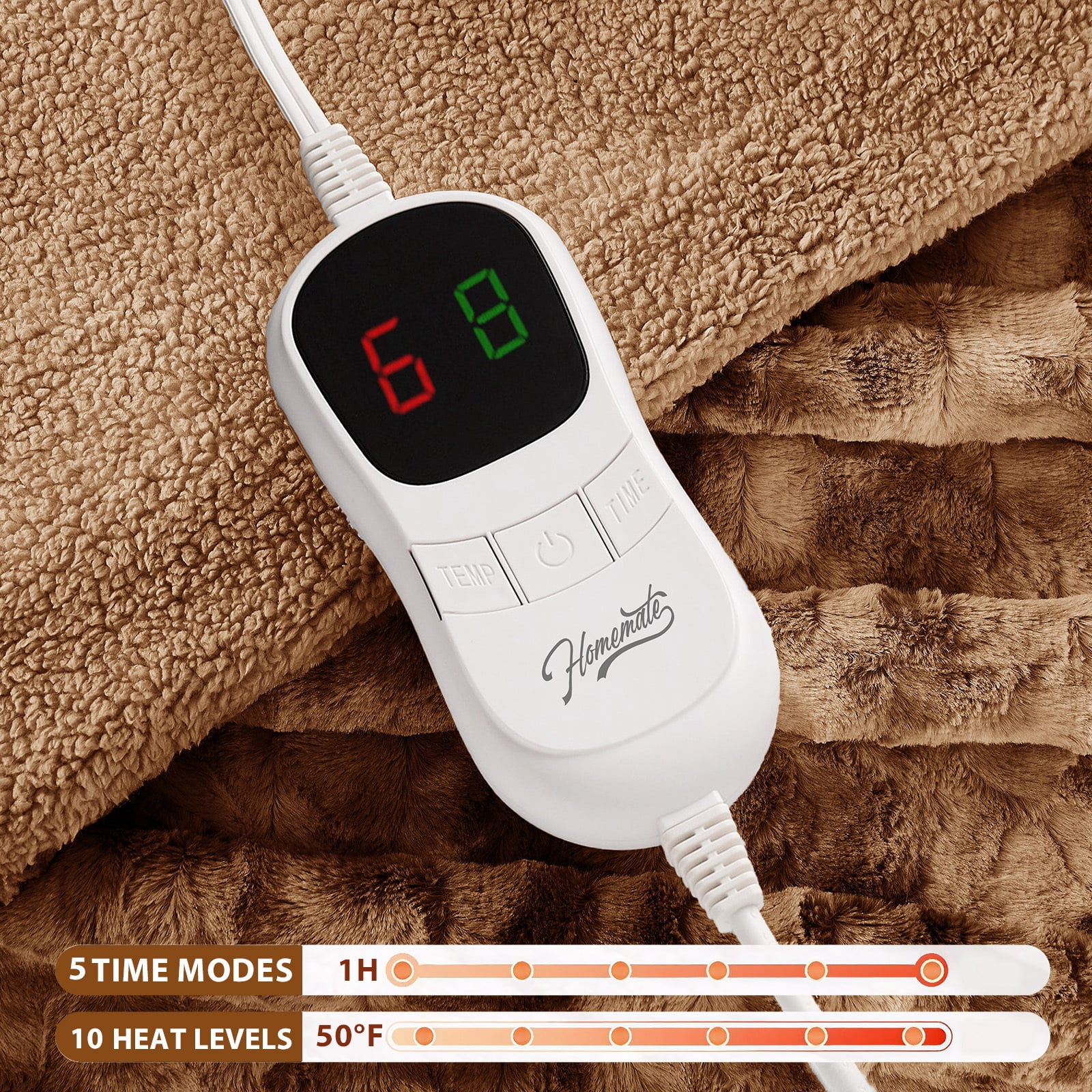 Electric Heated Throw Blanket 50"x60",Luxury Chocolate Faux Fur Electric Blanket,Fast Heating Soft Fluffy Thick Electric Blanket with 5 Heating Levels & 10H Auto Off