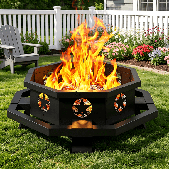 43" Octagonal Fire Pit, Wood Burning Fire Pit with Poker for Outside