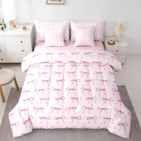 Manfei Girly Pink Bowknot Bedding Comforter Set 7pcs, Cartoon Princess Bowknot Queen Bedding Sets, Teen Boy Girl Kid Reversible Queen Sheet Sets, Lightweight Room Decor
