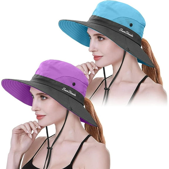 2PCS Womens Ponytail Wide Brim Sun Hat Packable UV Protection Beach Cap for Fishing & Hiking