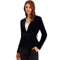 thumbnail image 1 of Chaqueta tipo blazer Allegra K con cuello de solapa y cinturón de terciopelo para oficina de trabajo mujer Azul Profundo S, 1 of 6