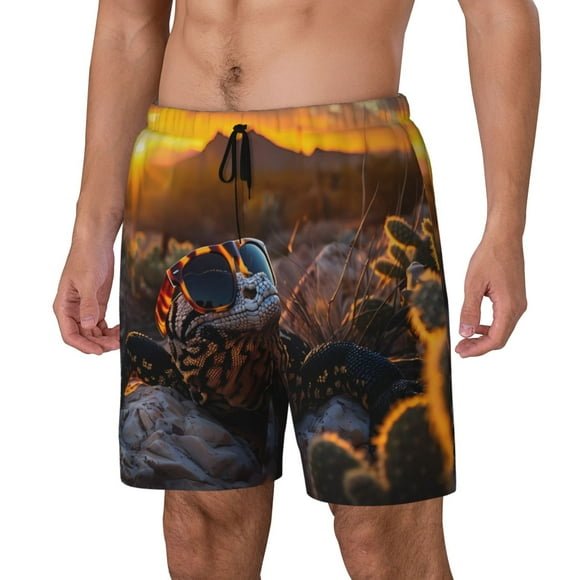 Balery Lizard With Sunglasses Sunset Bañador para hombre, shorts de playa de secado rápido con entrepierna y forro de compresión-X-Large