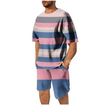 Stamzod Plus Size Sweat Suits Men Two Piece Fashion Strip Printed Short Sleeve Shirts and Stretch Waist Shorts Casaul Summer Outfits for Men Pink XXL