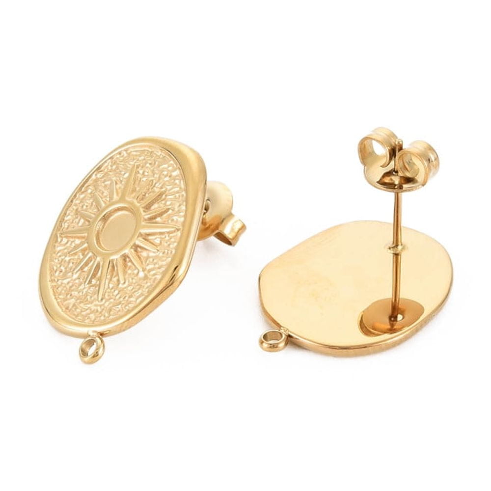 10 pair Ion Plating(IP) 304 Stainless Steel Stud Earring Findings Earring Setting for Enamel with Ear Nuts and Loop Oval with Sun Real 14K golden Plated 21x16mm Hole: 1.5mm Pin: 0.7mm Tray: 3.5mm