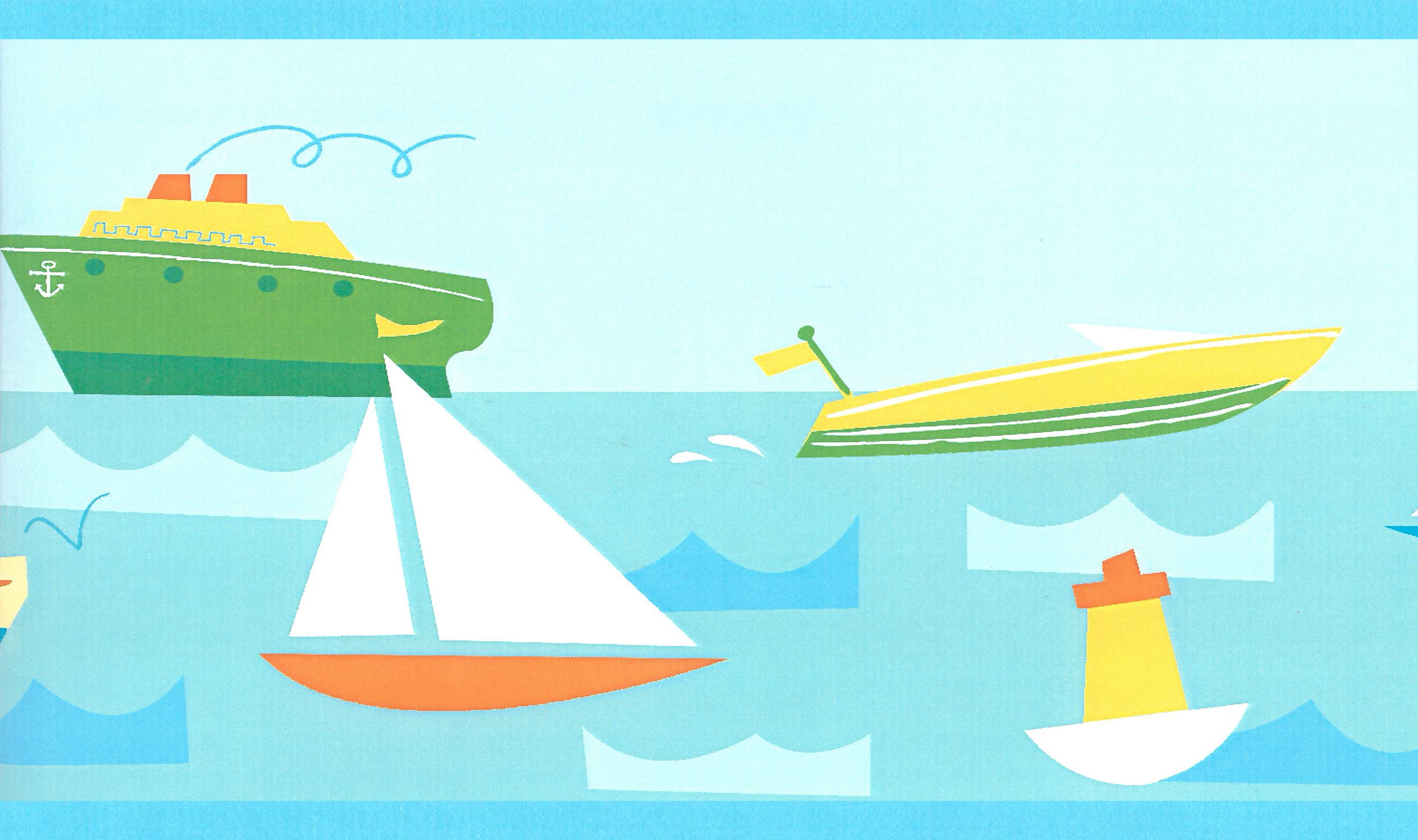 Prepasted Wallpaper Border Nautical Blue, Yellow, Green, White Ships
