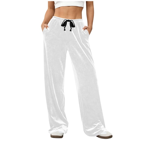 Womens Velour Pants Soft Velvet Sweatpants Straight Wide Leg Athletic Joggers Casual Lounge Loose Pants with Pockets (XL, White)
