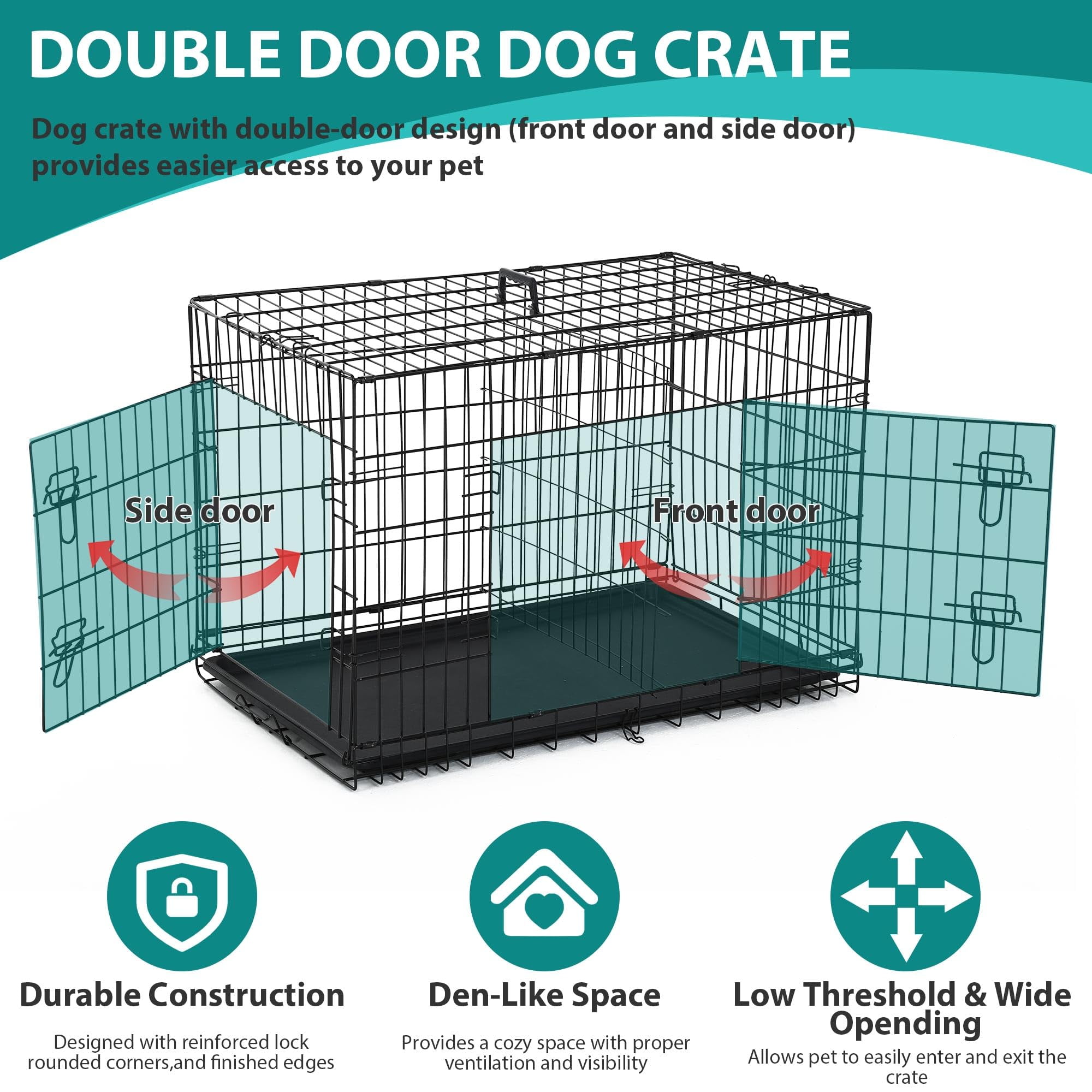 CL.HPAHKL 24 Inch Double Door Folding Portable Metal Dog Crates for Small Dogs, Small Dog Cages with Removable Trays, Locks, Divider Panel, Handle Dog Kennel for Travel, Outdoor, Carry, Home, Black