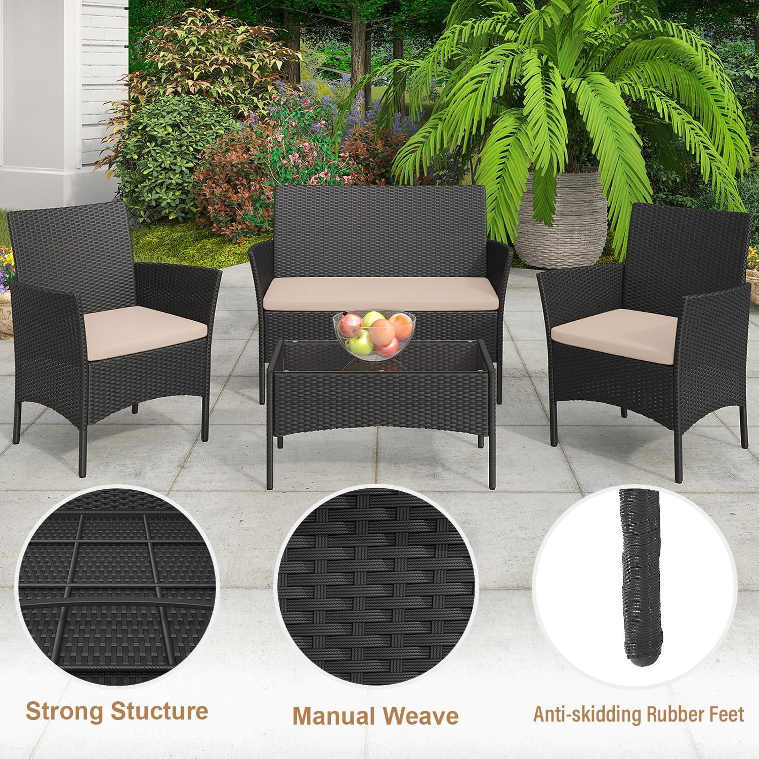 FDW Patio Furniture Set 4 Pieces Outdoor Rattan Chair Wicker Sofa Garden Pool/Backyard