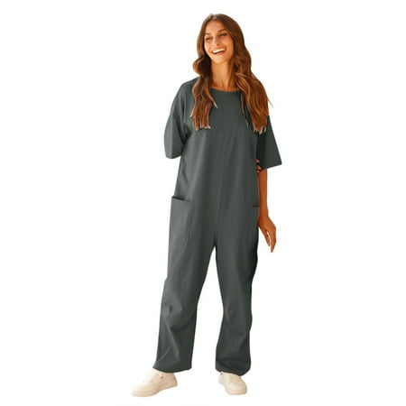 snowsong Women s Jumpsuits  Rompers and Overalls 2024 Hot Women s Stretchy Tee Short Sleeve Pockets V Neck Bodysuit Jumpsuits for Women Plus Size Jumpsuit Jumpsuits Casual (Clearance) Gray XL