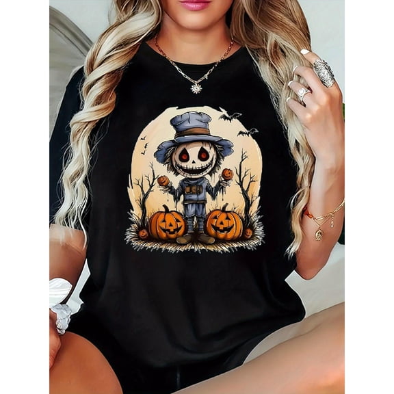 Halloween Commuting Scarecrow Pumpkin Graphic Tee Womens Design Short Sleeve Round Neck T-Shirt Black S-5XL