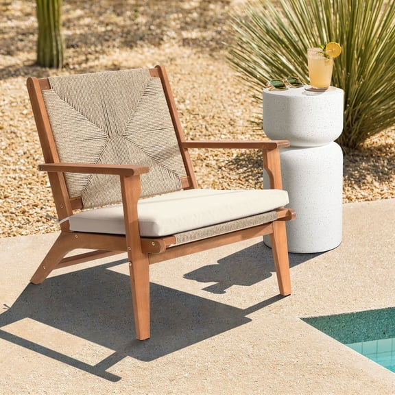 LuxenHome Outdoor Acacia Wood Deck Chair with Seat Cushion