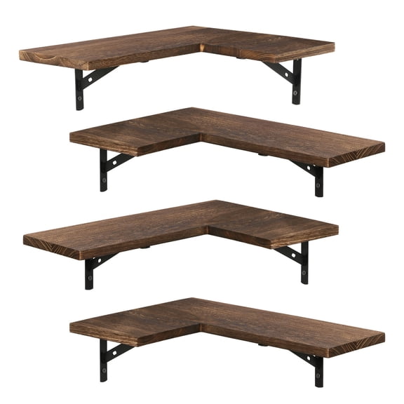 4 Pack Rustic Wood Corner Floating Shelves, L-Shaped Wall Mounted Storage Organizer for Bathroom, Kitchen, Bedroom
