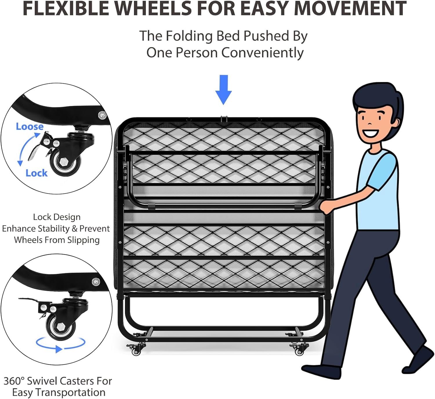 Metal Folding Bed with 5 Inch Mattress Twin Size Portable Guest Beds with Memory Foam Mattress&Wheels,Easy Storage and Move