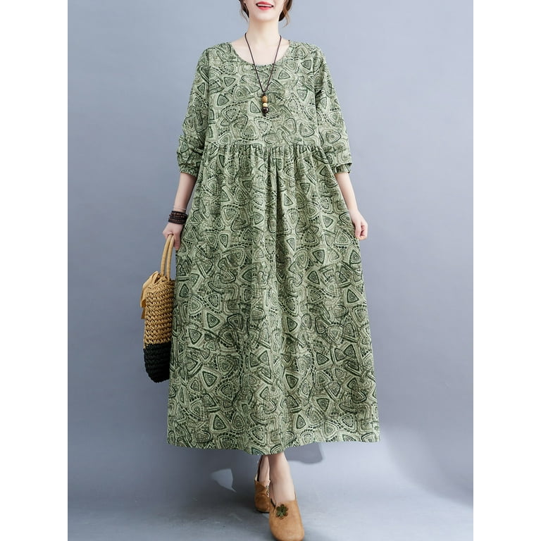 Romacci Womens Boho Plus Size Dress Long Sleeves Printed Vintage