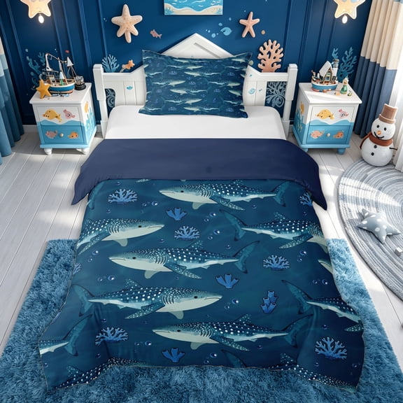 meiyoeat Whale Shark Twin Duvet Cover for Kids Boys, Navy Coral Reef Twin Bedding for Bedroom, Blue Reversible, 2pcs