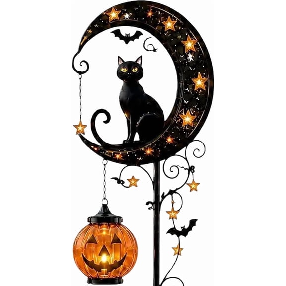Solar Halloween Black Cat Garden Stake Light, Pumpkin Moon Garden Stake Light,Hanging Jack-o'-Lantern for Fall Party Halloween Decorations Outdoor (#A)