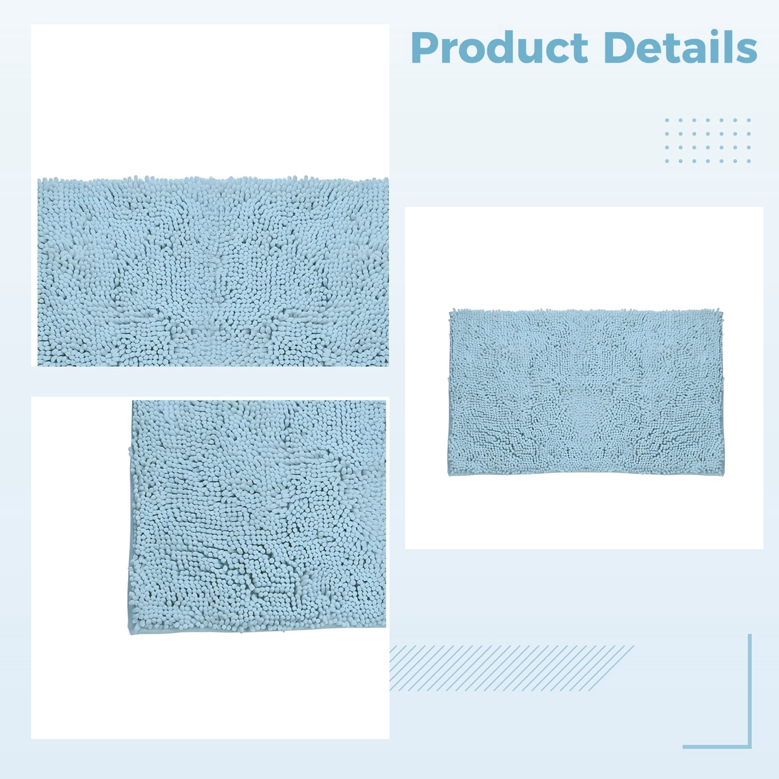 Chenille Bath Rug Set, 3 Piece Ultra Soft & Non Slip Bathroom Mats, Quick Dry Toilet U-Shaped Mat with High Absorbency, Sky Blue