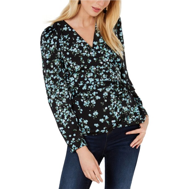 INC Blusa cruzada estampada para mujer, negro, XS