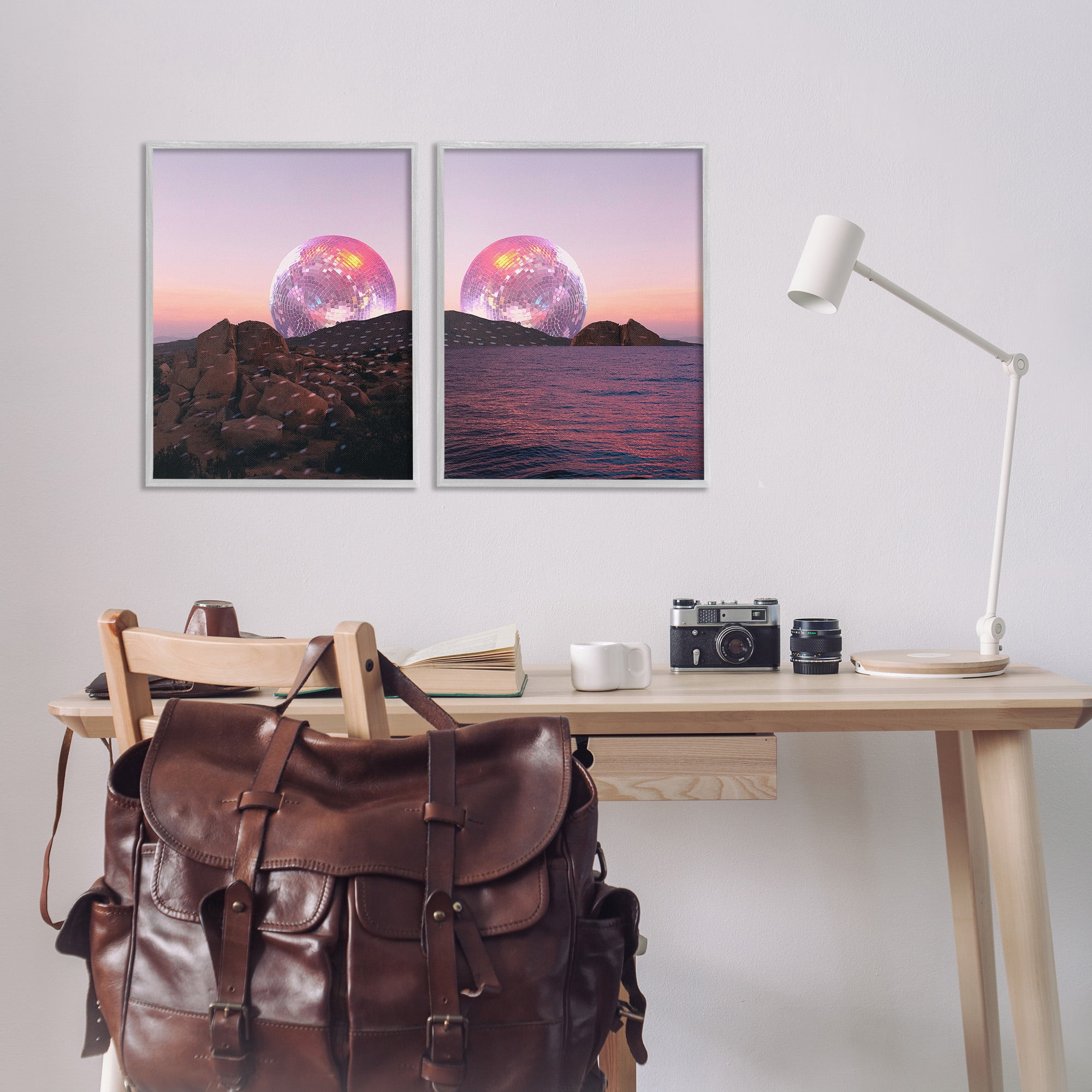 Stupell Industries Surreal Disco Ball Landscape Landscape Painting Gray Framed Art Print Wall Art, 16 x 20, Set of 2