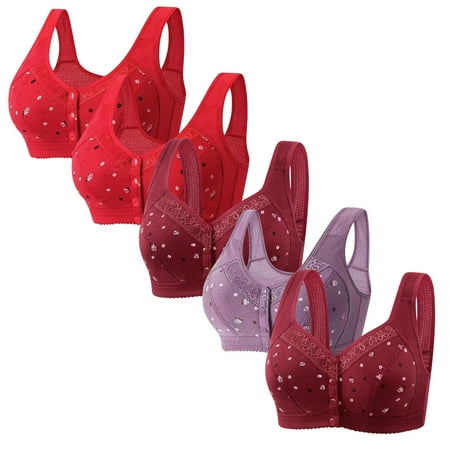 WIZUTIZ Bras for Women Front Closure Push up Bras for Women 5PCS Supportive Bras Wirefree Underarm Smoothing Casual Full Coverage Bralettes Solid Embroidered Underwear for Older Women Gym XXXXL Red