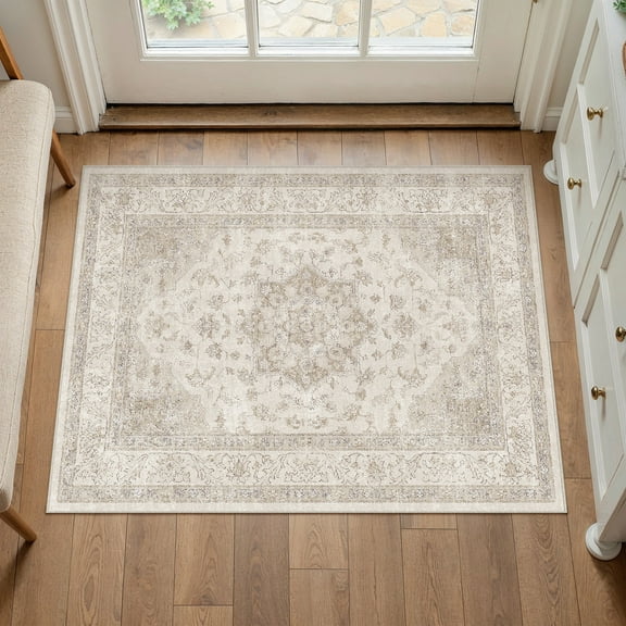 WIPONKEN 2x3 Area Rugs for Living Room Bedroom Dining Room Office Farmhouse, Machine Washable Non Slip Vintage Persia Rug Beige