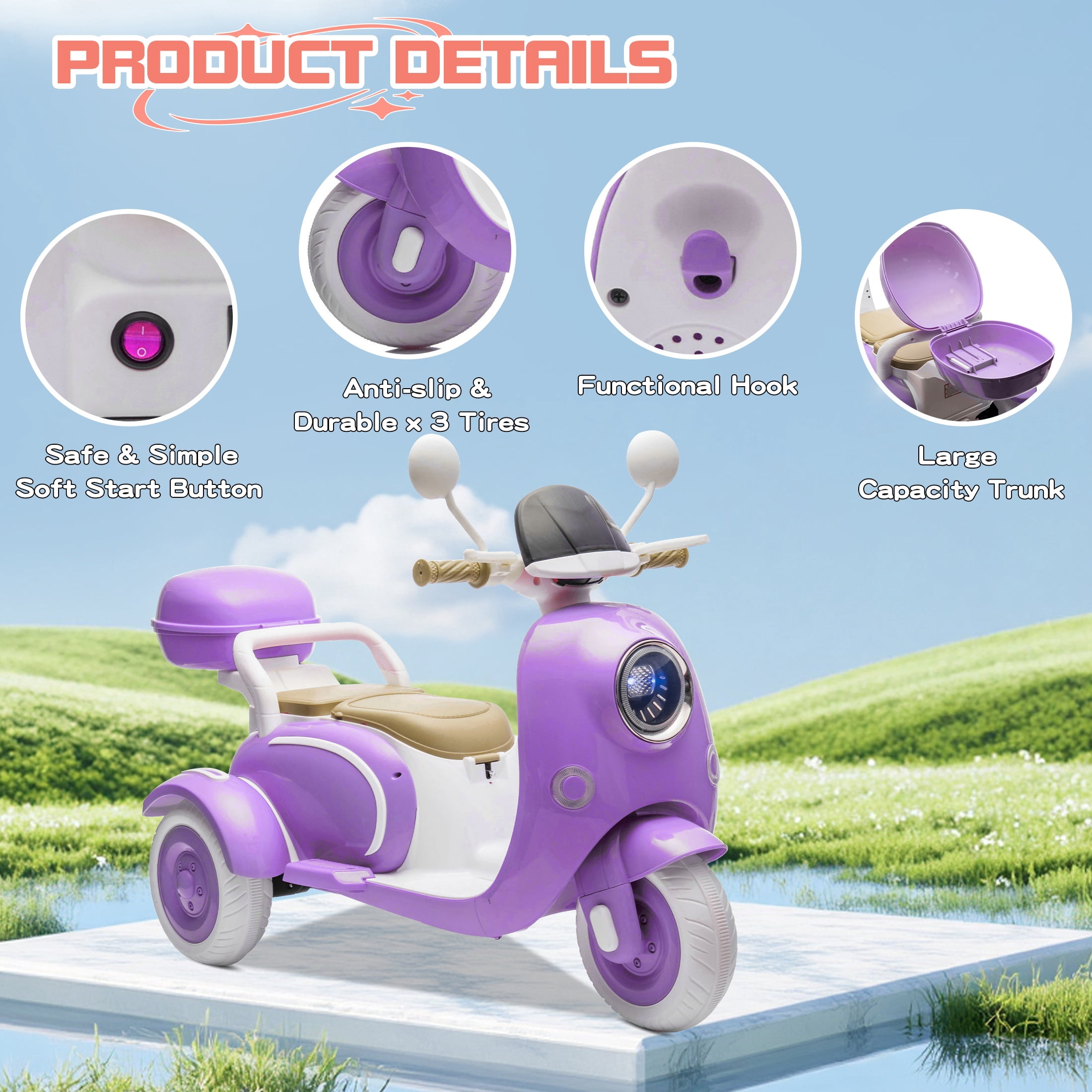Dvsripa 12V Kids Electric Motorcycle,2 Seater Ride on 3 Wheel Scooter with 2.4G Parental Remote Control,USB,Music,Horn,Light,Big Storage Box,Dual Motor Electric Moped for Kids 3+,Purple