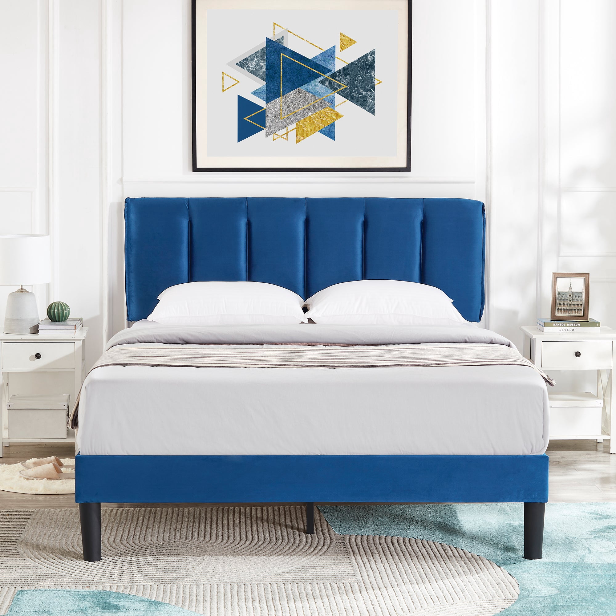 VECELO Queen Size Upholstered Platform Bed Frame, Adjustable Headboard and Wooden Slats Support, No Box Spring Needed/Easy Assembly, Dark Blue