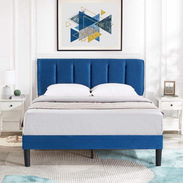 VECELO Twin/Full/Queen Upholstered Bed Frame with Adjustable Headboard, No Box Spring Needed/Easy Assembly, Dark Blue