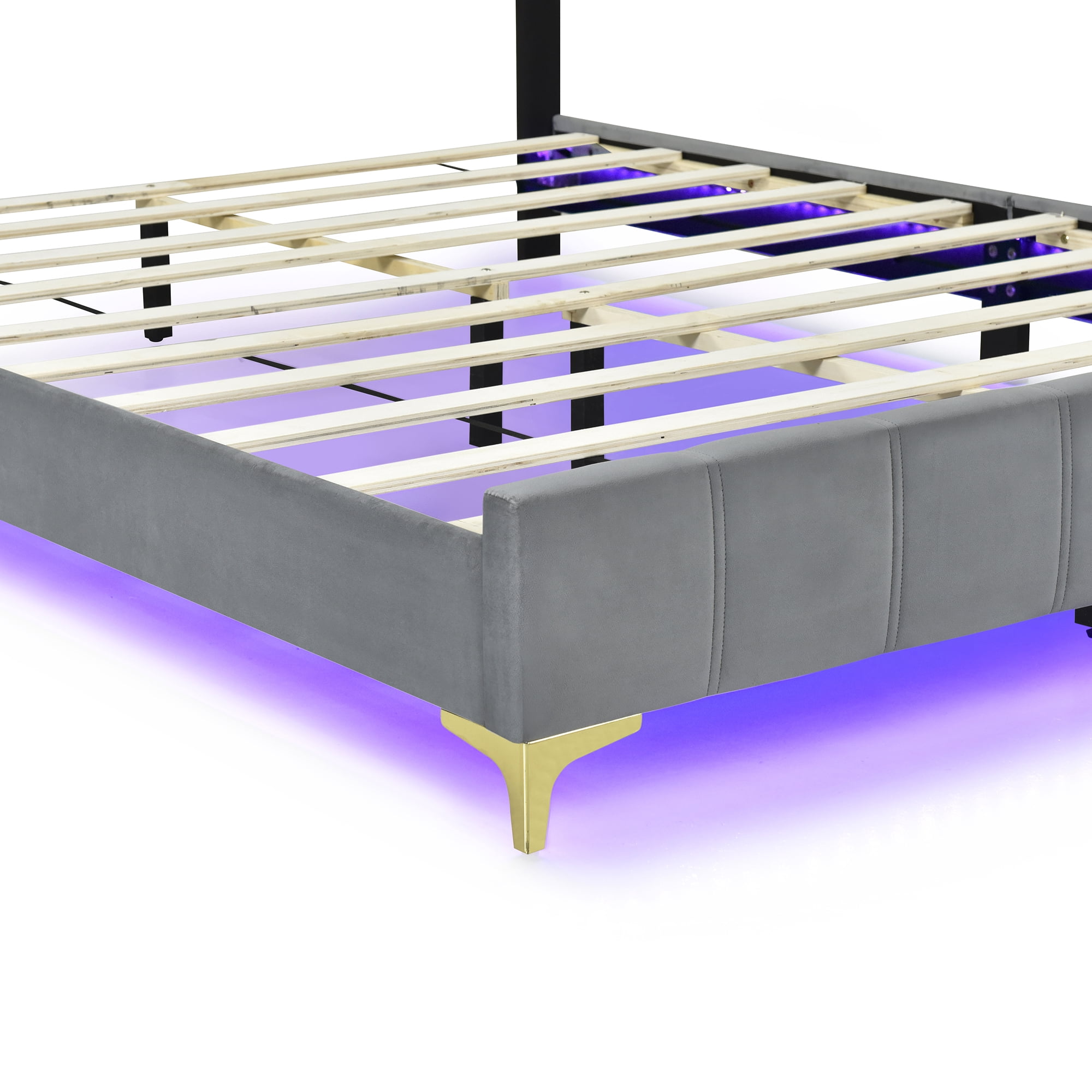 Miniyam Velvet Upholstered Platform Bed, Queen Size LED Bed Frame with Button Tufted Design Headboard and Solid Wood Slat Support, Gray